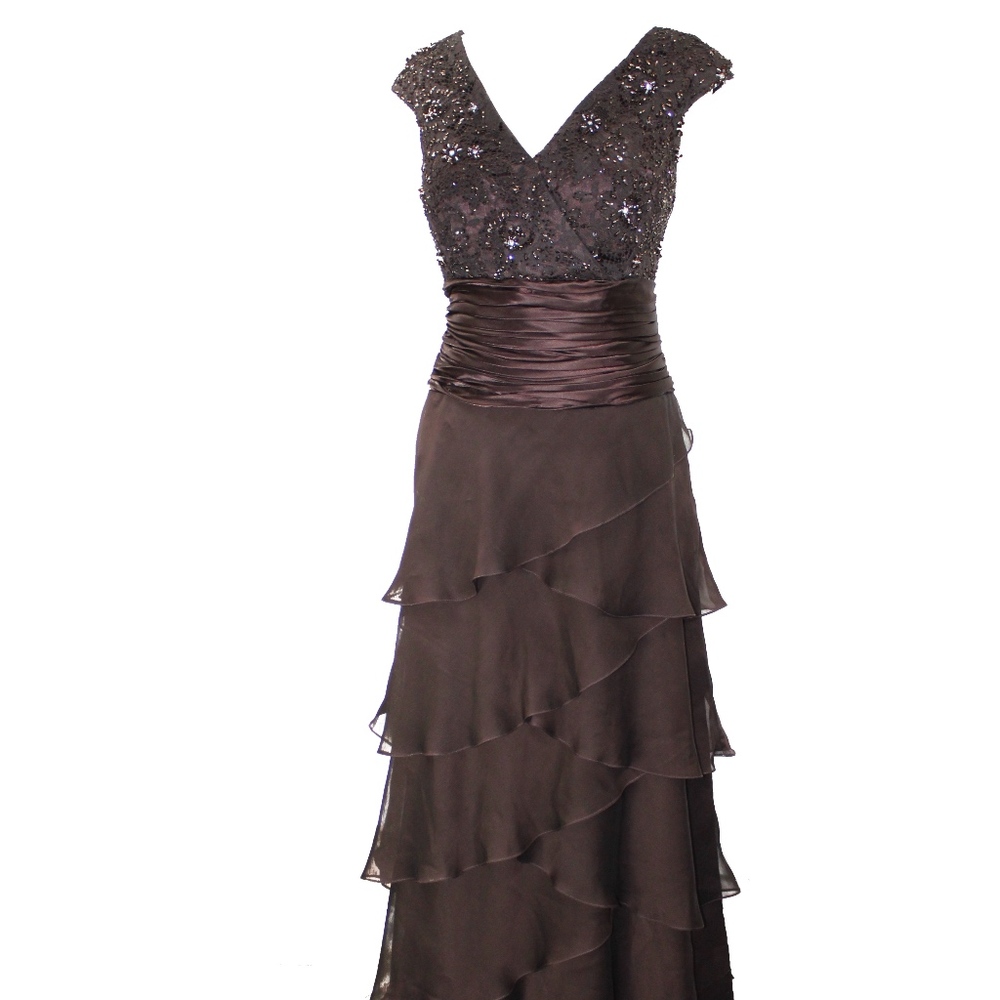 Chocolate Brown Jovani Lace Chiffon Tiered Gown 14